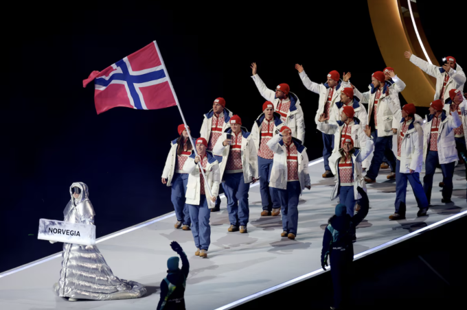 Milano Cortina 2026 Olympics - Opening Ceremony - San Siro Stadium, Milan, Italy - February 06, 2026. Flag bearer Peder Kongshaug of Norway leads his contingent in the parade of athletes during the opening ceremony REUTERS/Claudia GrecoPurchase LicensingRights