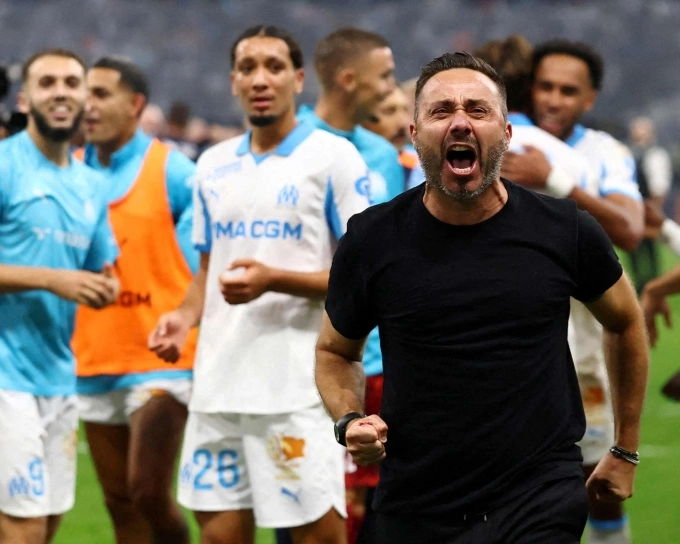 De Zerbi phấn khích sau một chiến thắng cùng Marseille ở Ligue 1 mùa này. Ảnh: Reuters