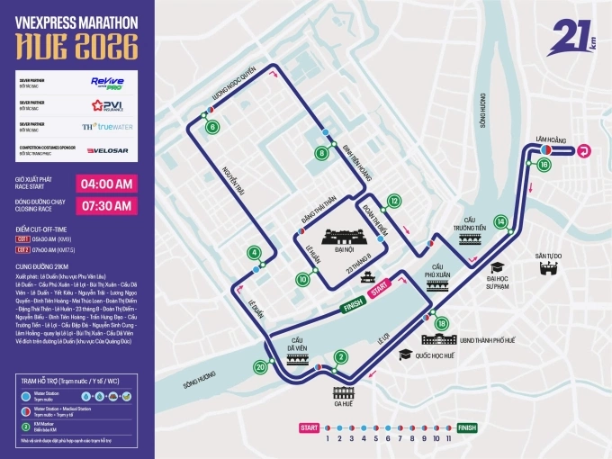 Cung đường 21km mùa năm nay ôm trọn Kinh thành Huế. Đồ họa: VnExpress Marathon