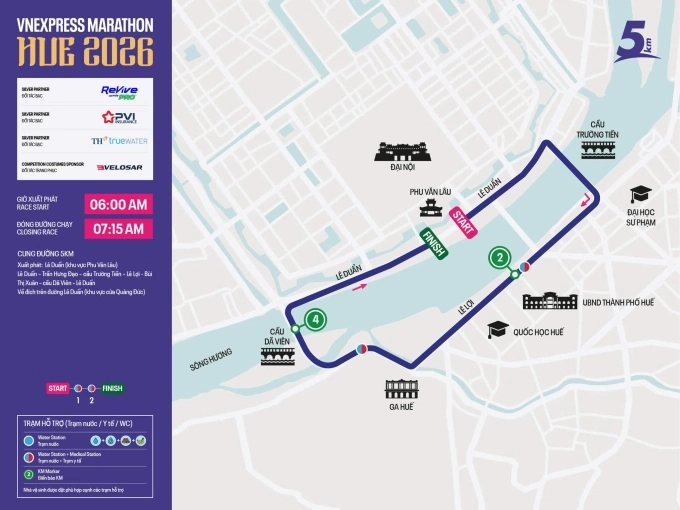 Lộ trình 5km ôm trọn hai bờ sông Hương. Đồ họa:VnExpress Marathon