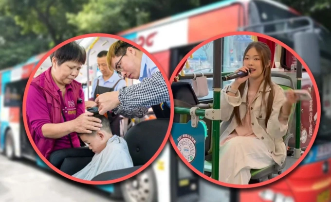 Hành khách ngồi hát karaoke hoặc cắt tóc ngay trên xe buýt tại Quảng Đông. Ảnh: Tiểu Hồng Thư