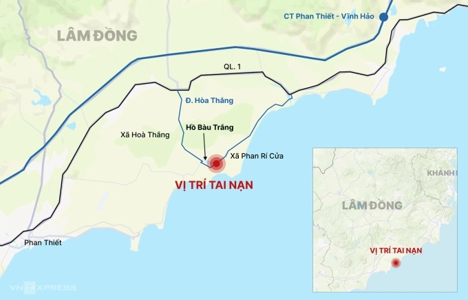 Khu vực xảy ra tai nạn xe khách làm 4 người chết. Đồ họa: Tâm Thảo