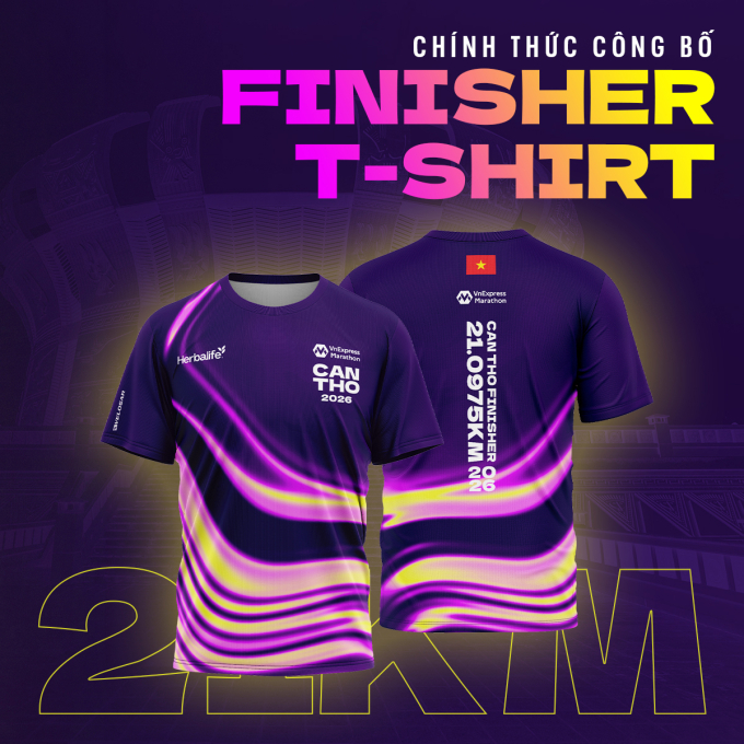 Thiết kế áo finisher cự ly 21km VnExpress Marathon Cần Thơ 2026. Ảnh: VnExpress Marathon