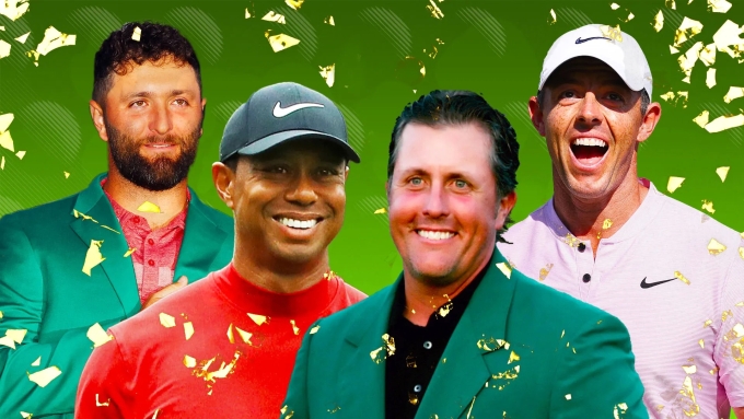 Jon Rahm, Tiger Woods, Phil Mickelson, Rory McIlroy (từ trái qua phải) đều từng là nhà vô địch giải golf danh giá The Masters. Ảnh: Irish Sun
