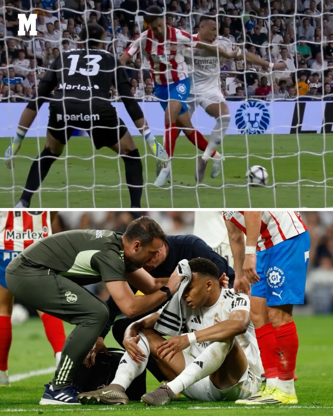 Tình huống Vitor Reis văng cùi chỏ trúng mặt, khiến Kylian Mbappe đổ máu. Ảnh: Marca